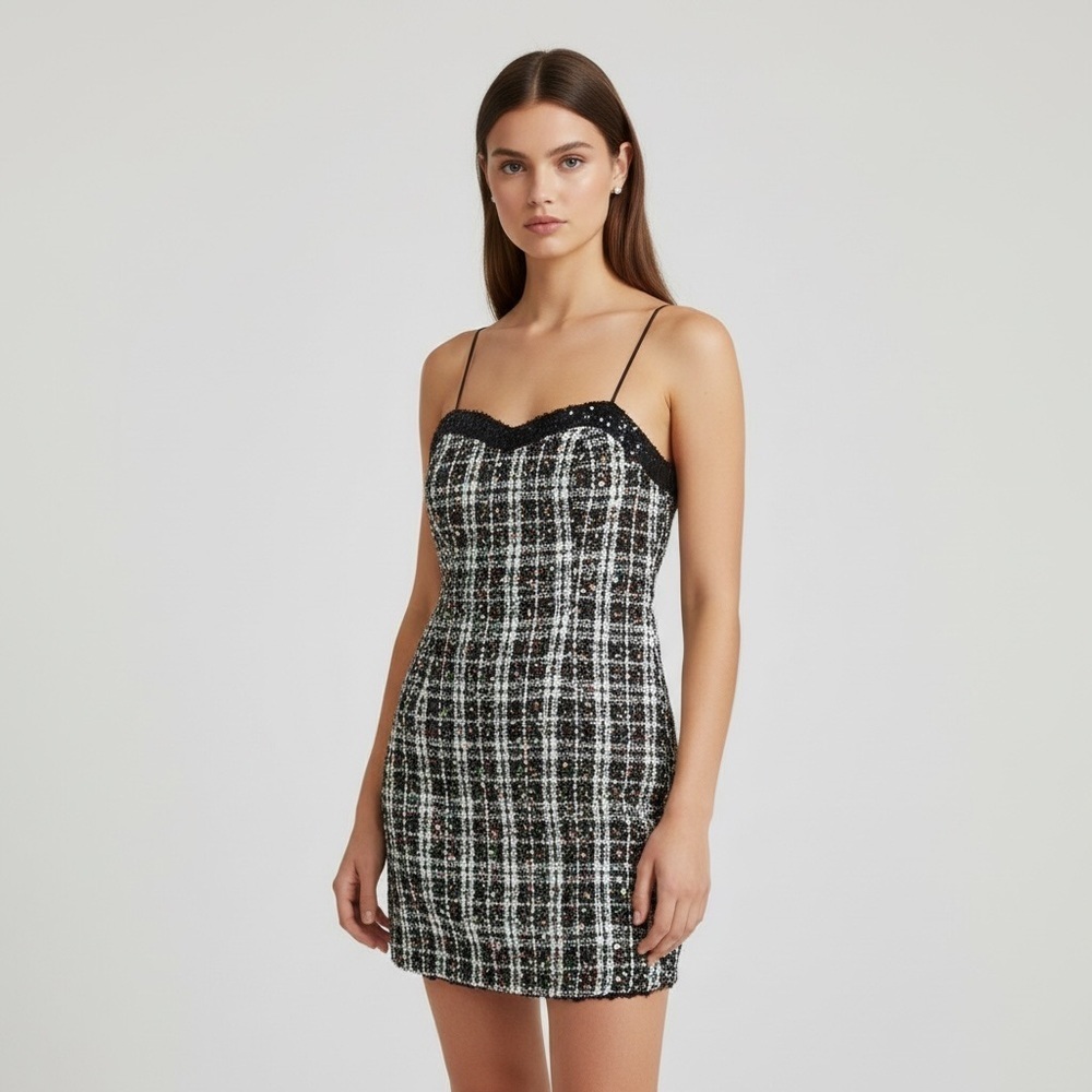 🌻NEW w/tags Walter Baker Amberly Broadway Tweed Strapless Mini Dress Fringe Seq